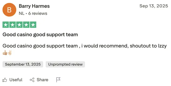 Trustpilot review van Barry Harmes (NL) – 5 sterren. Positieve ervaring met het casino en complimenten aan supportmedewerker Izzy.
