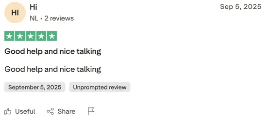 Trustpilot review van Hi (NL) – 5 sterren. Goede hulp en prettige communicatie met de klantenservice.
