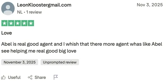 Trustpilot review van LeonKloostergmail.com (NL) – 5 sterren. Positieve ervaring met supportagent Abel en uitstekende service.