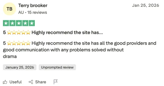 Trustpilot review van Terry Brooker (AU) – 5 sterren. Aanbevolen casino met goede providers en duidelijke communicatie.